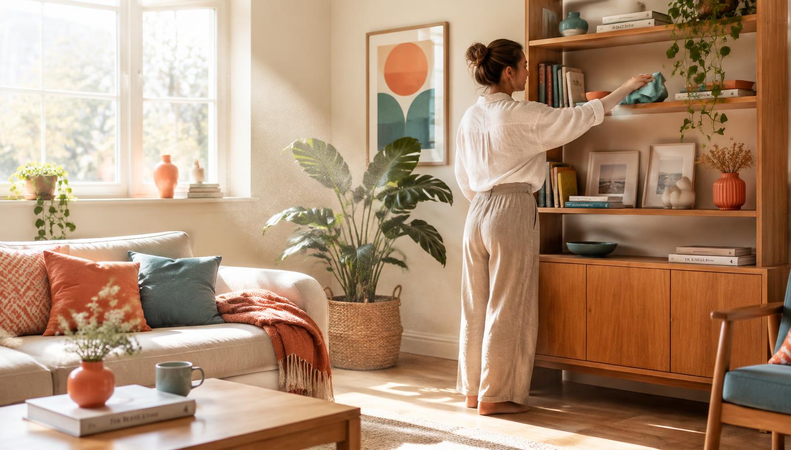 A bright, tidy living room being cleaned — the calm Dustii aims to bring to every home