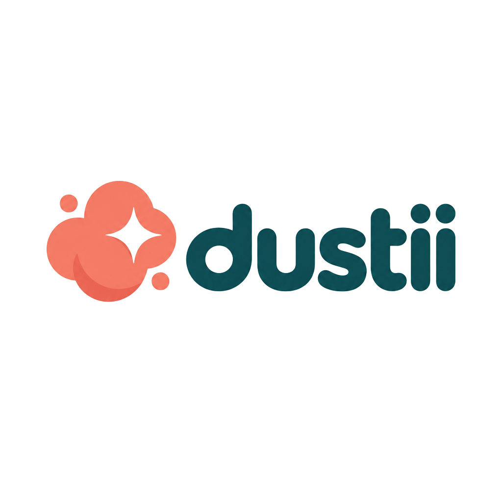 Dustii logo — a coral dust puff with a sparkle beside the Dustii name